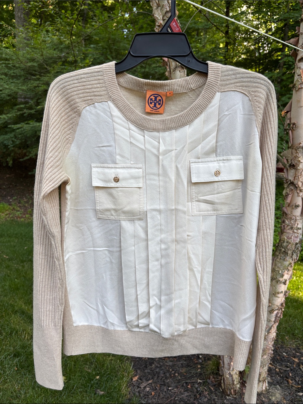 Tory Burch 100 Cashmere Cream And Beige Mixed-Media Crewneck Sweater Beautiful C